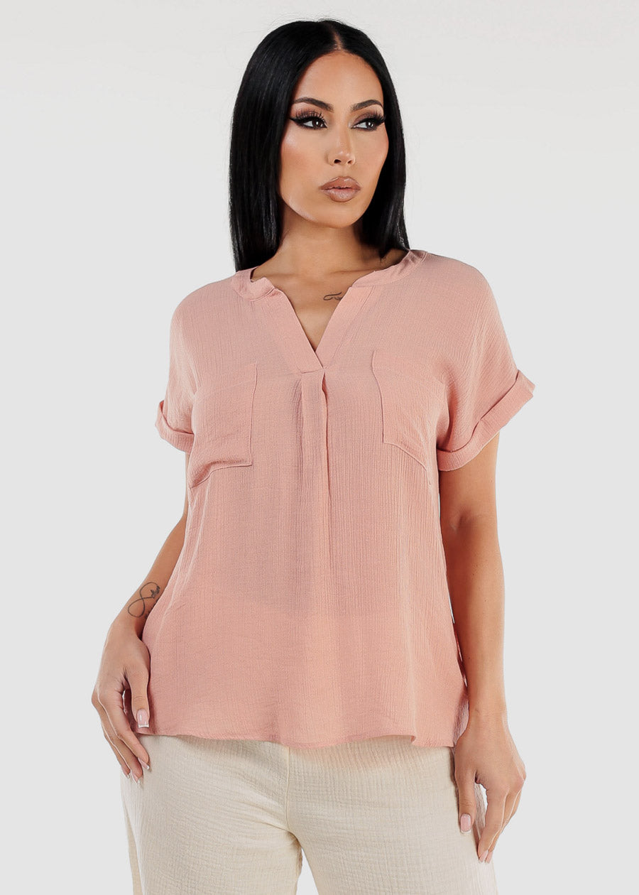 Gauze Cap Sleeve Shirt Rose w Back Buttons