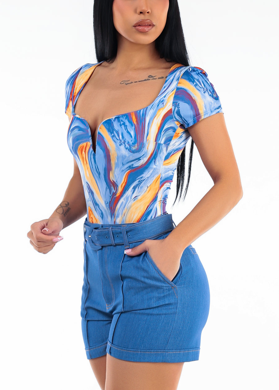 Short Sleeve Sweetheart Neckline Stretch Marble Print Bodysuit Blue