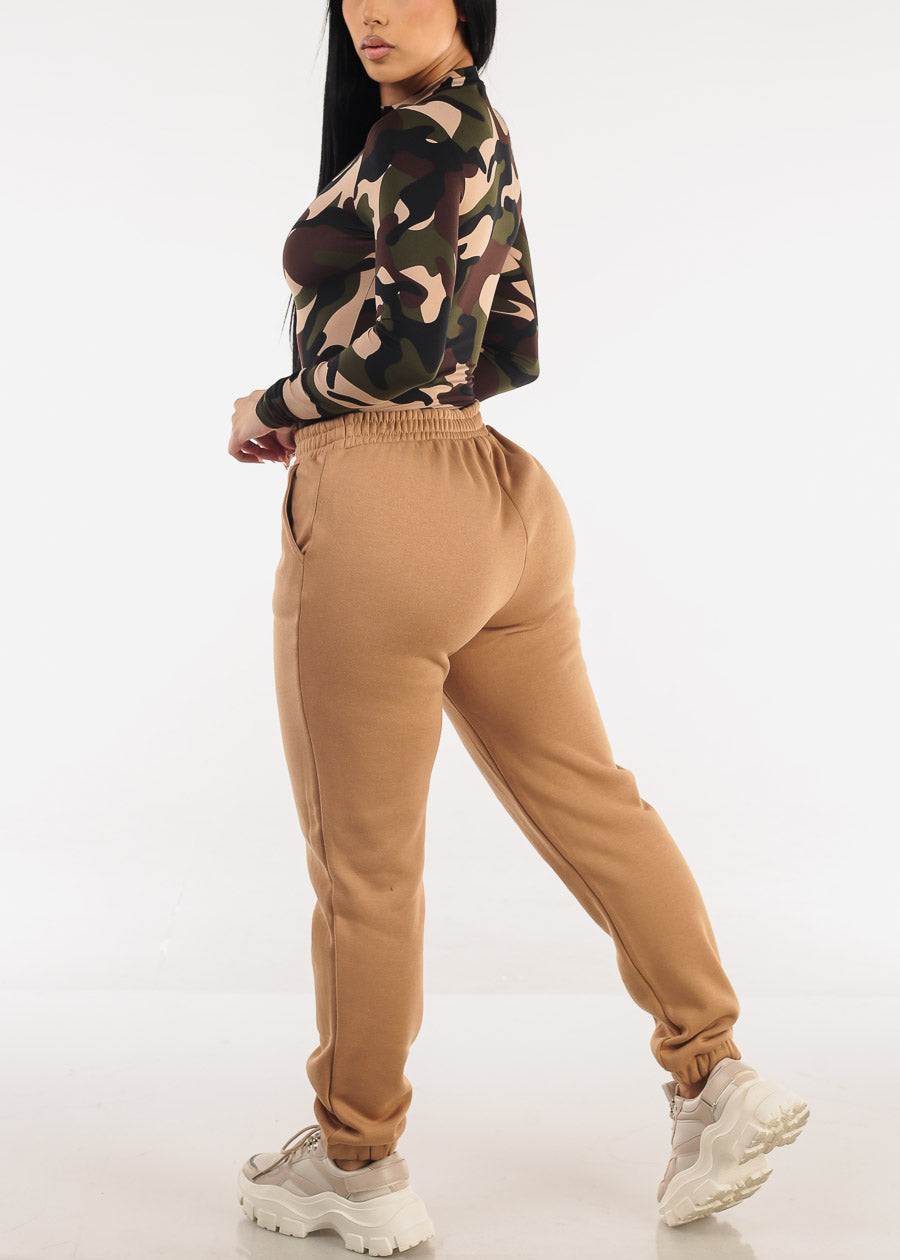 Drawstring Waist Fleece Jogger Pants Camel