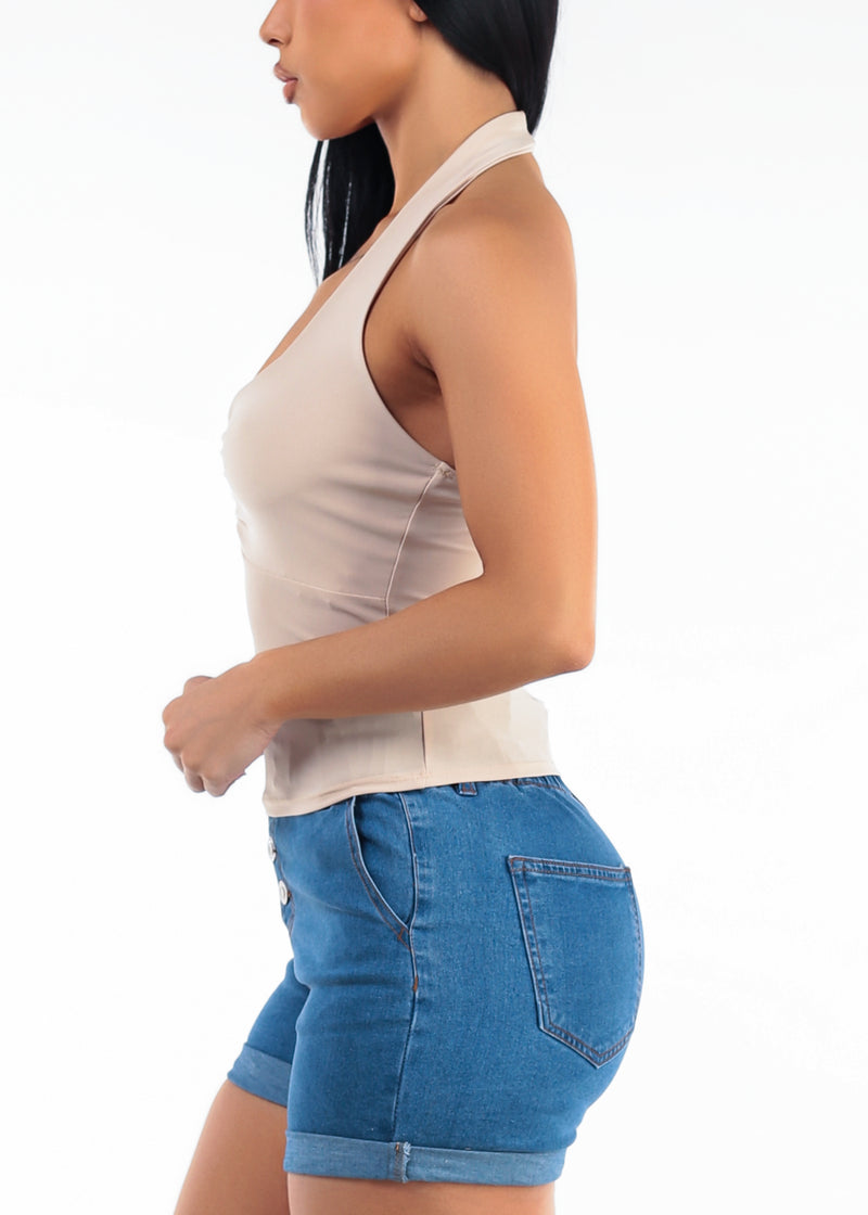 Stretch Ruched Halter Blouse Light Taupe