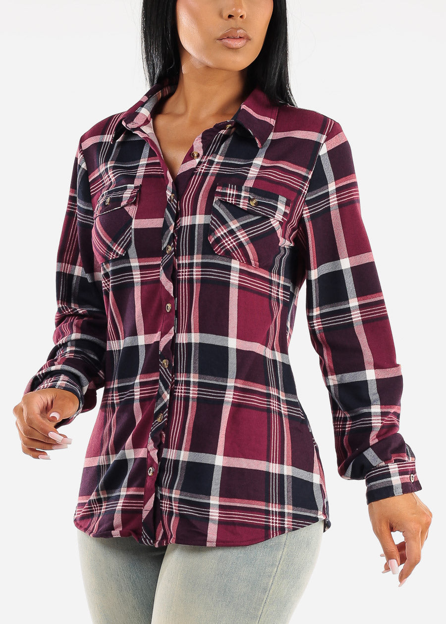 Long Sleeve Button Up Plaid Shirt Purple