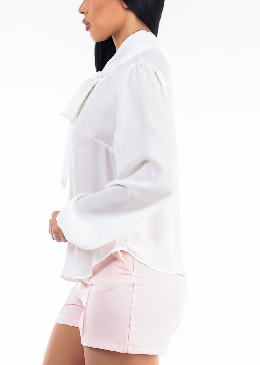 Long Sleeve Tie Neck Chiffon Blouse Off White