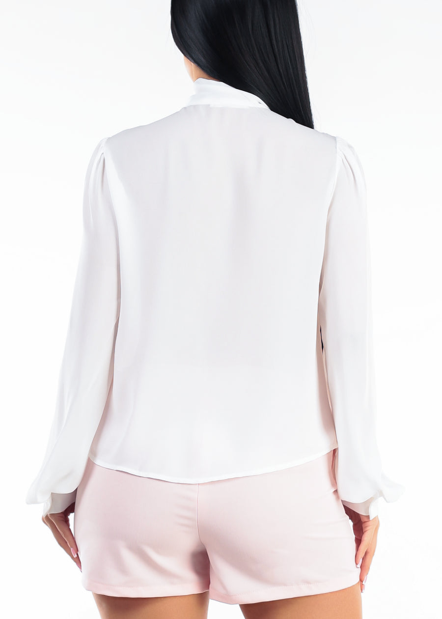 Long Sleeve Tie Neck Chiffon Blouse Off White