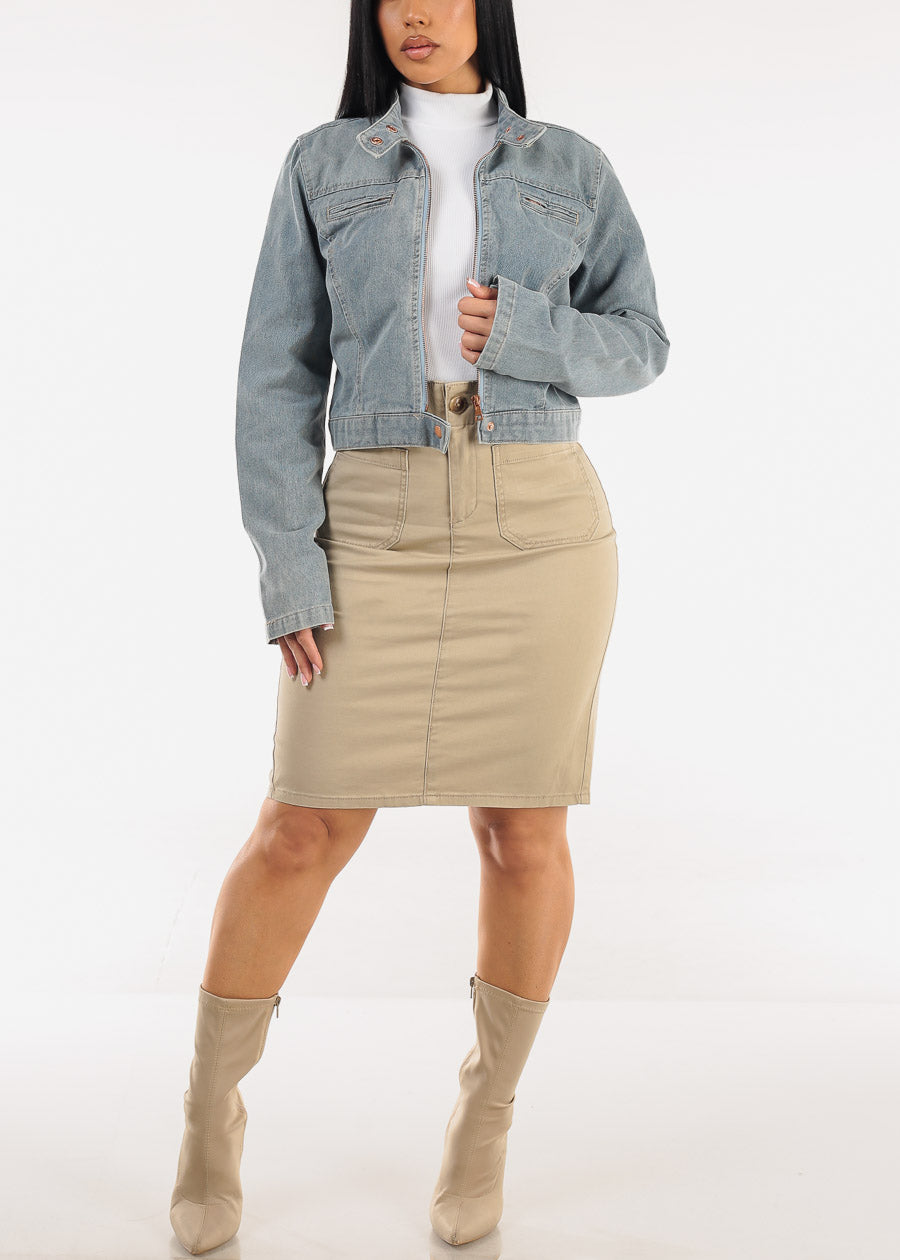 Butt Lift High Waist Stretch Denim Pencil Skirt Khaki
