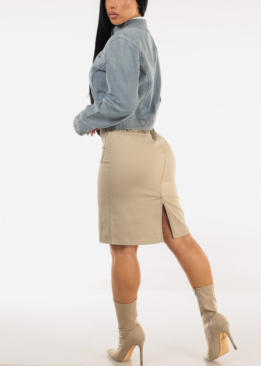 Butt Lift High Waist Stretch Denim Pencil Skirt Khaki