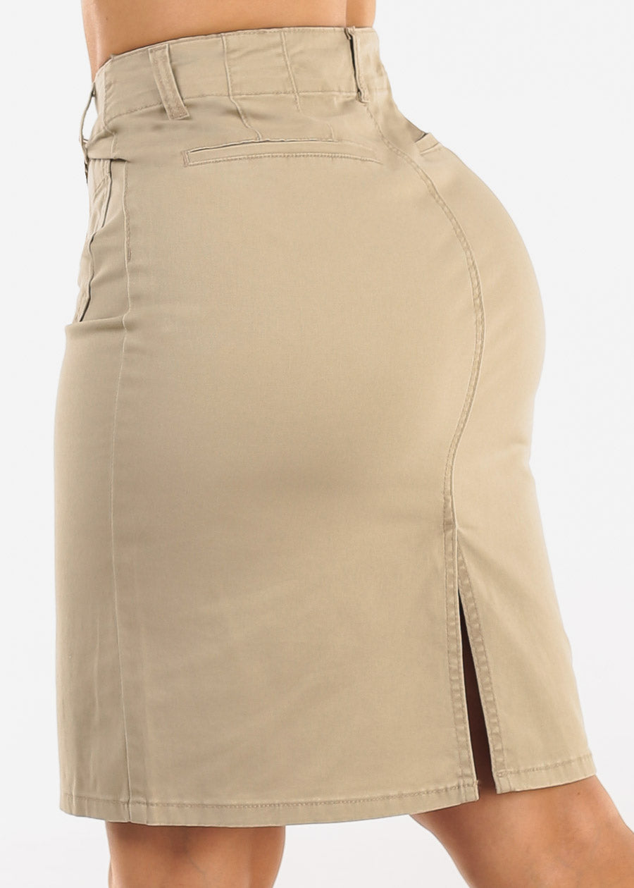 Butt Lift High Waist Stretch Denim Pencil Skirt Khaki