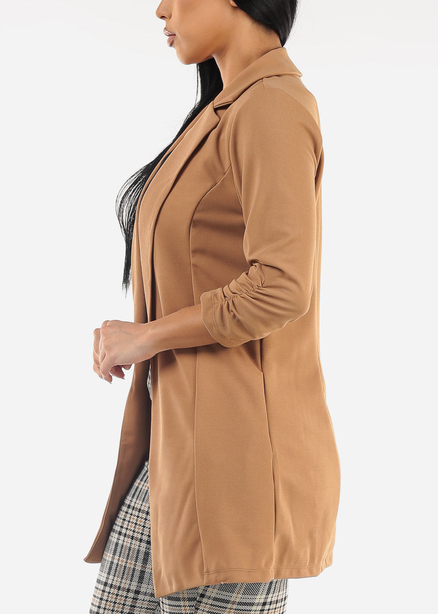 Formal Open Front Quarter Sleeve Blazer Camel