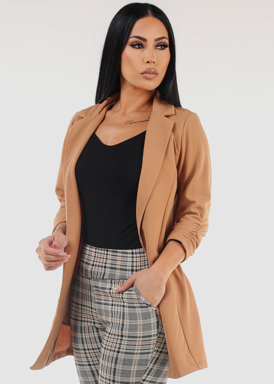 Formal Open Front Quarter Sleeve Blazer Camel