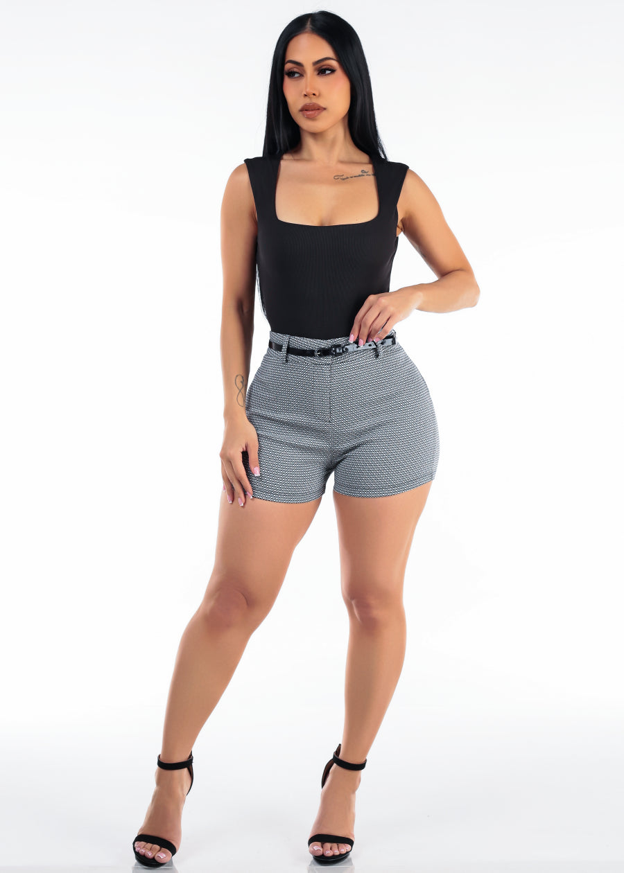 Butt Lift Super High Waist Printed Stretch Shorts Black w Belt
