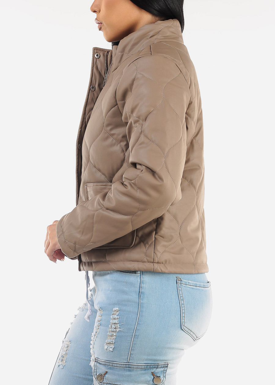 Mock Neck Quilted Puffer Jacket Taupe