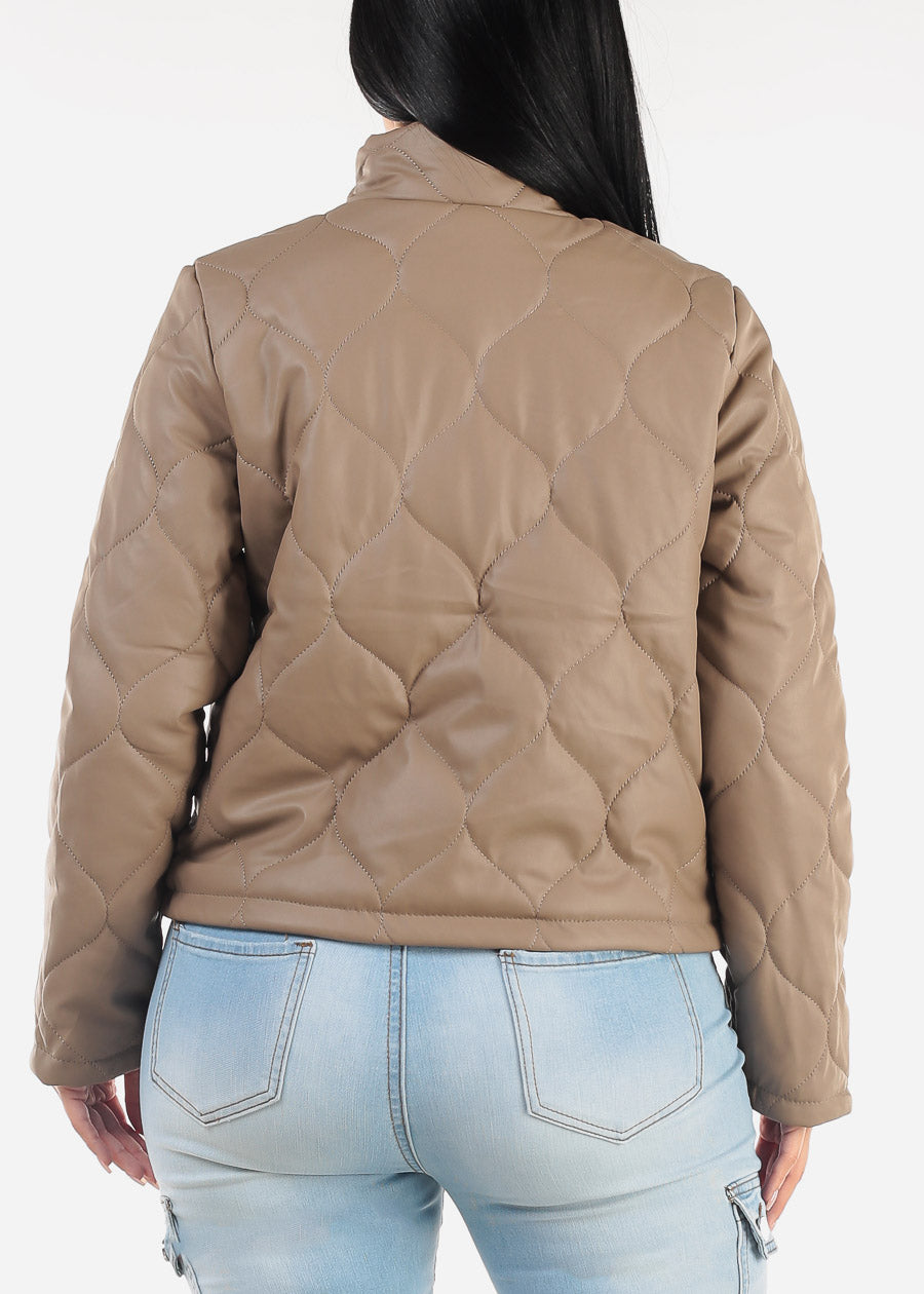 Mock Neck Quilted Puffer Jacket Taupe