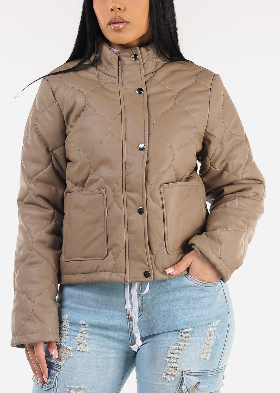 Mock Neck Quilted Puffer Jacket Taupe