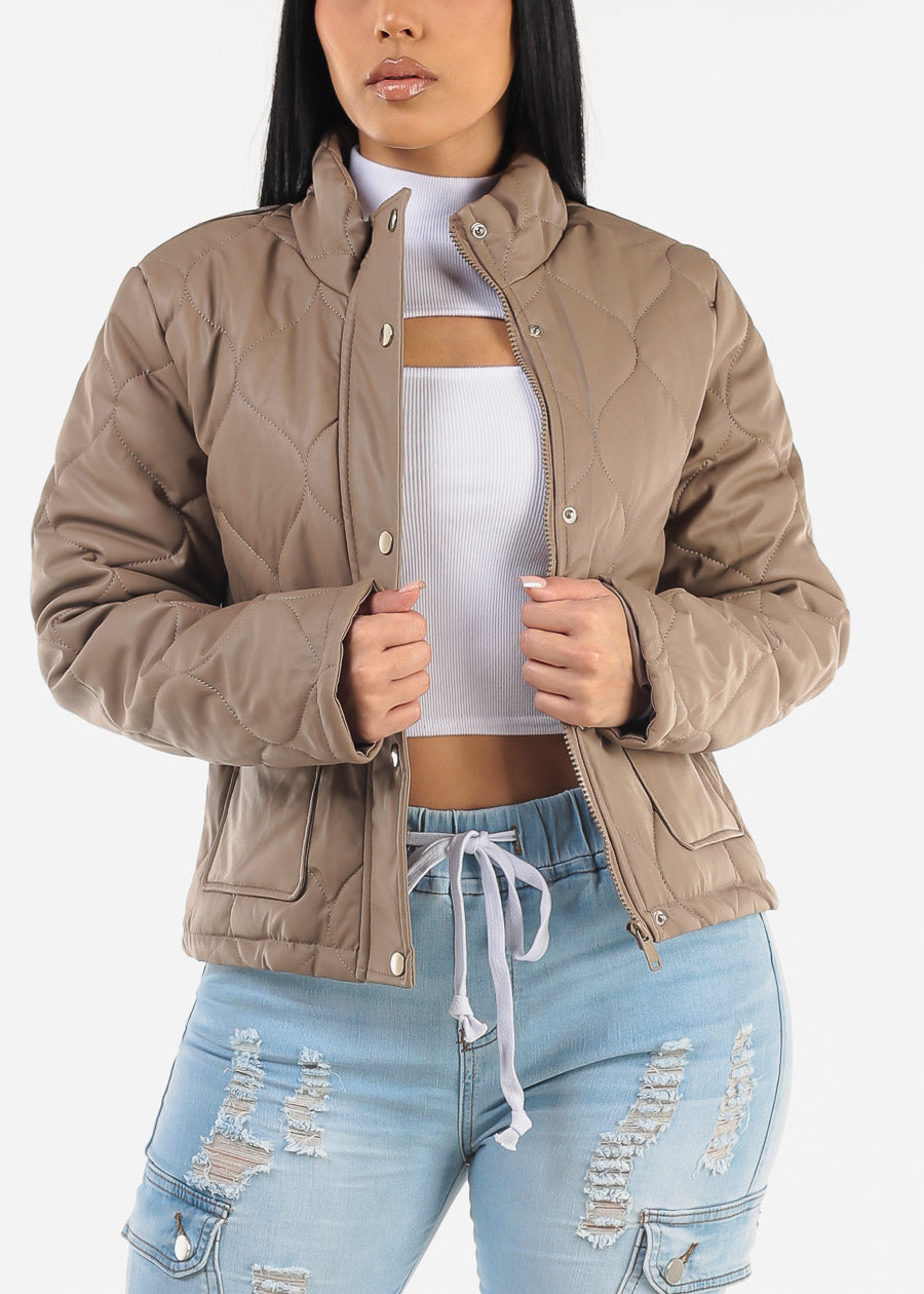 Mock Neck Quilted Puffer Jacket Taupe