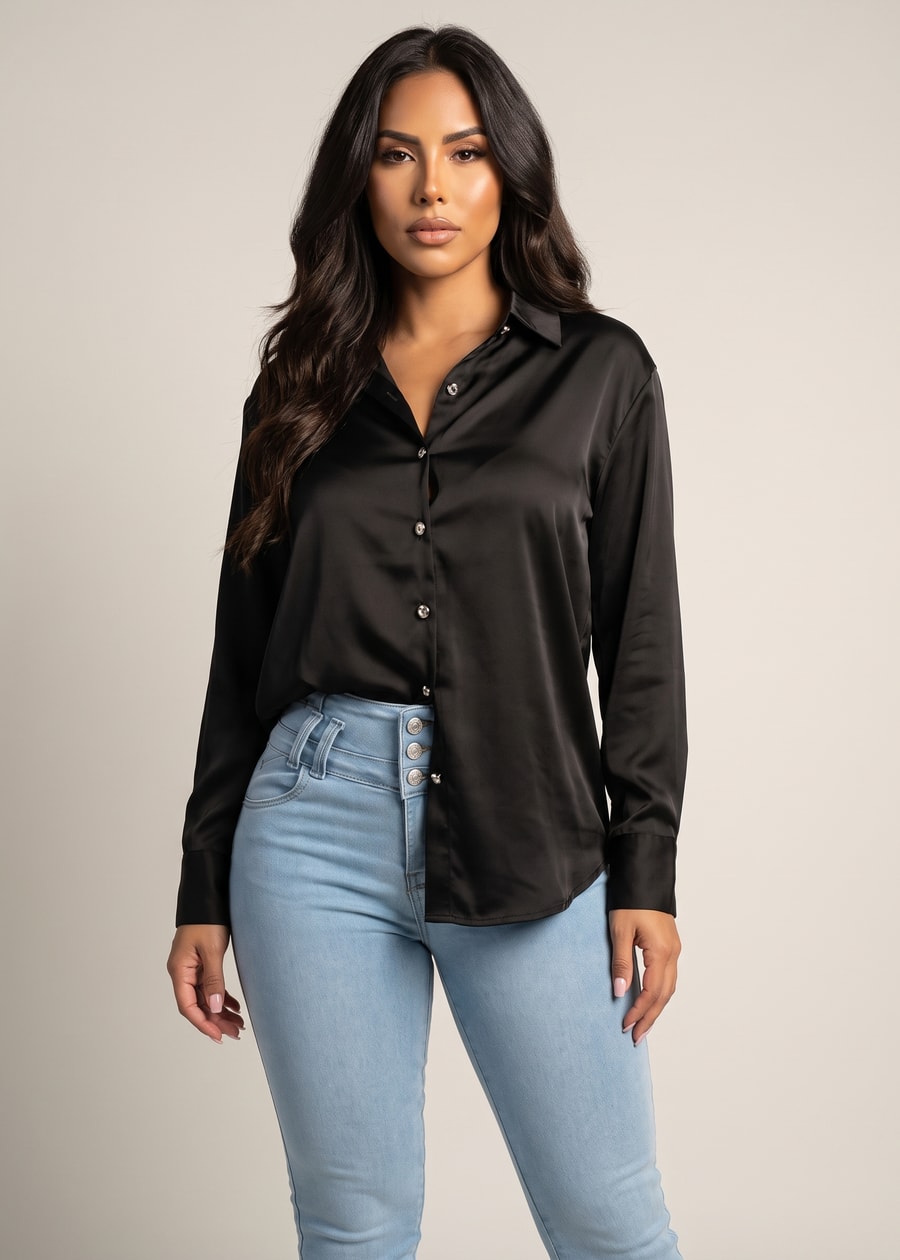 Long Sleeve Button Up Stretch Satin Collared Blouse Black, view 1 of 2