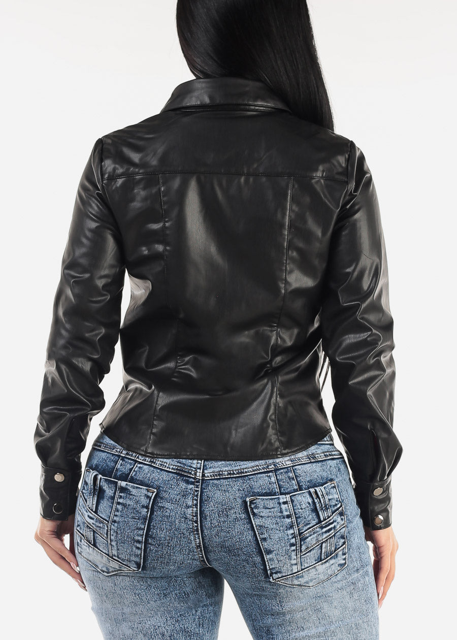 Long Sleeve Button Up Vegan Leather Black Jacket