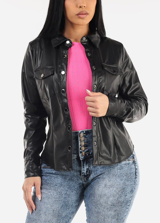 Long Sleeve Button Up Vegan Leather Black Jacket