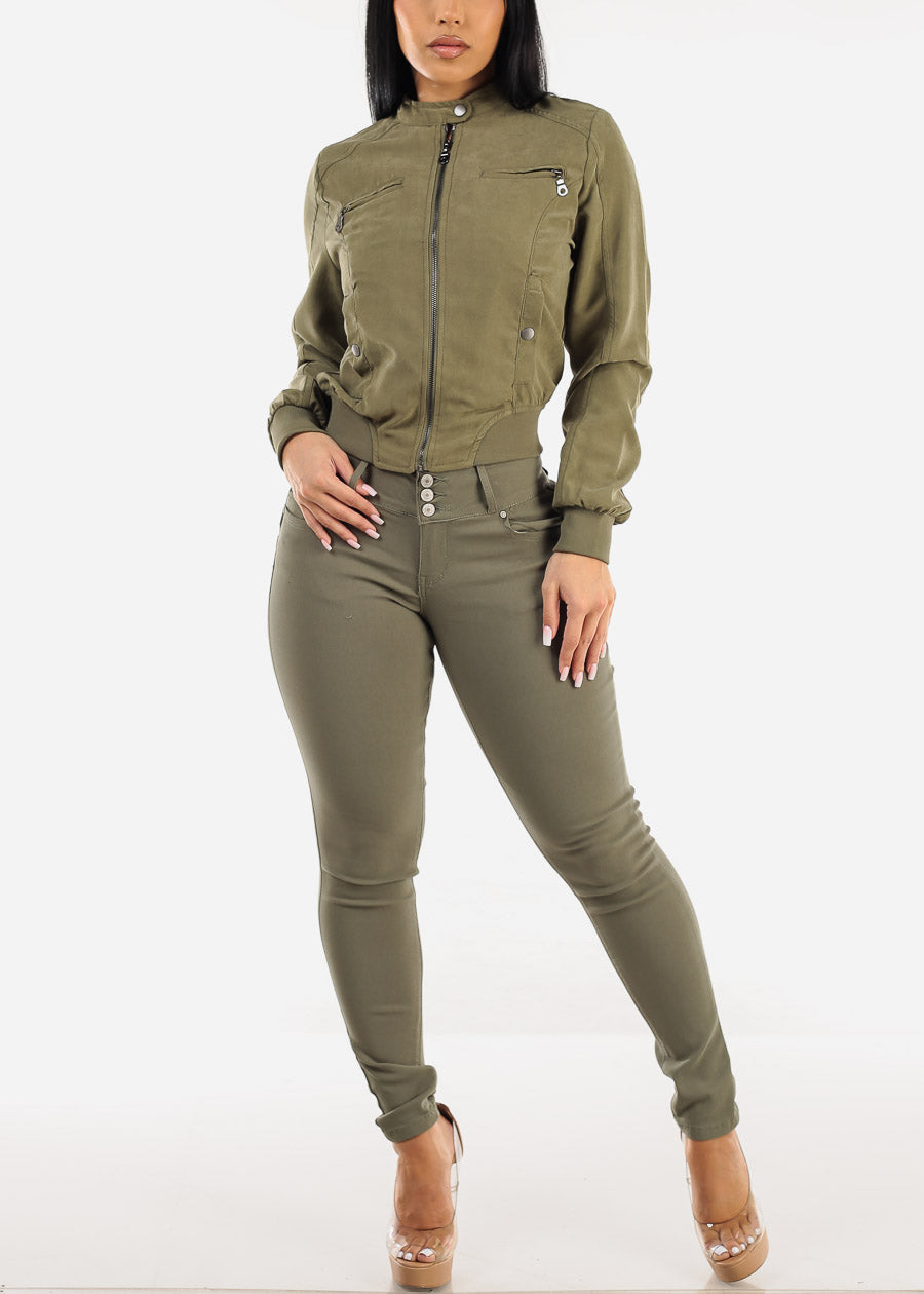 Long Sleeve Zip Up Olive Jacket w Ribbed Hem