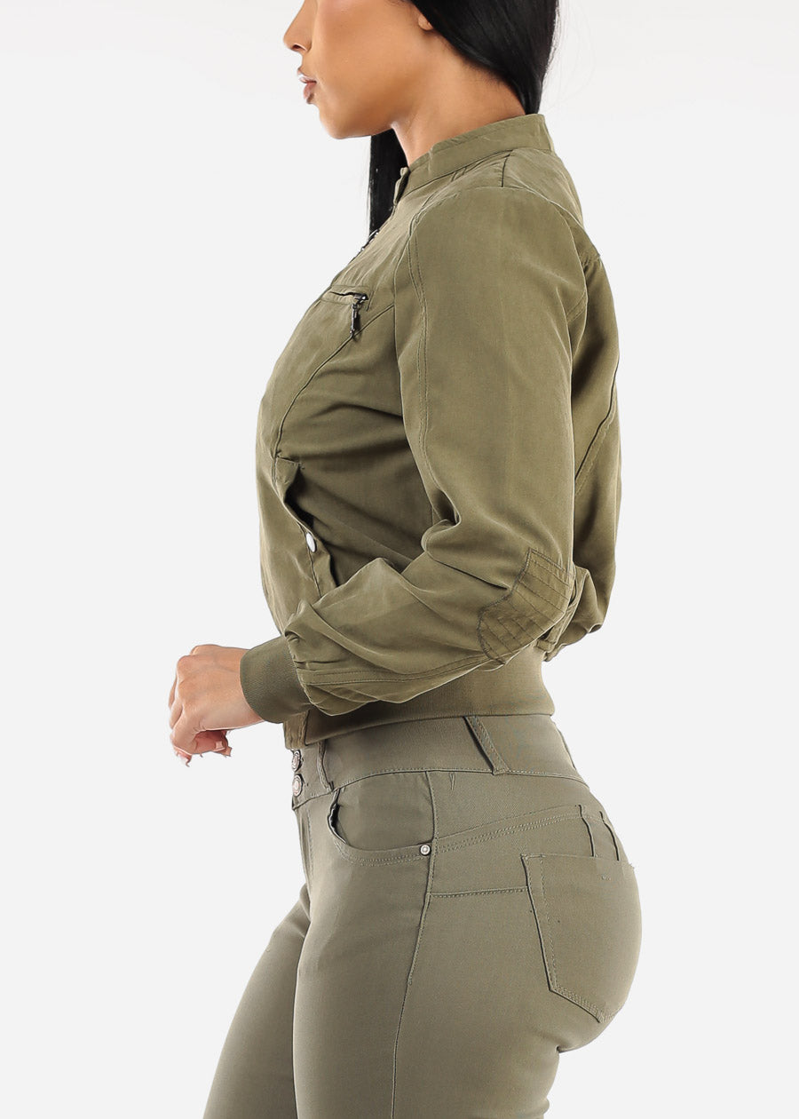 Long Sleeve Zip Up Olive Jacket w Ribbed Hem