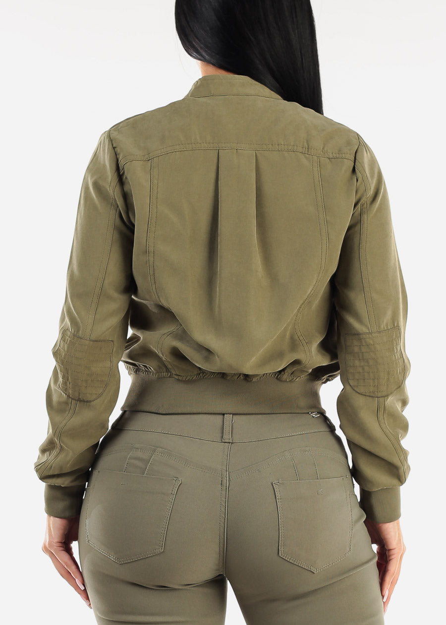 Long Sleeve Zip Up Olive Jacket w Ribbed Hem