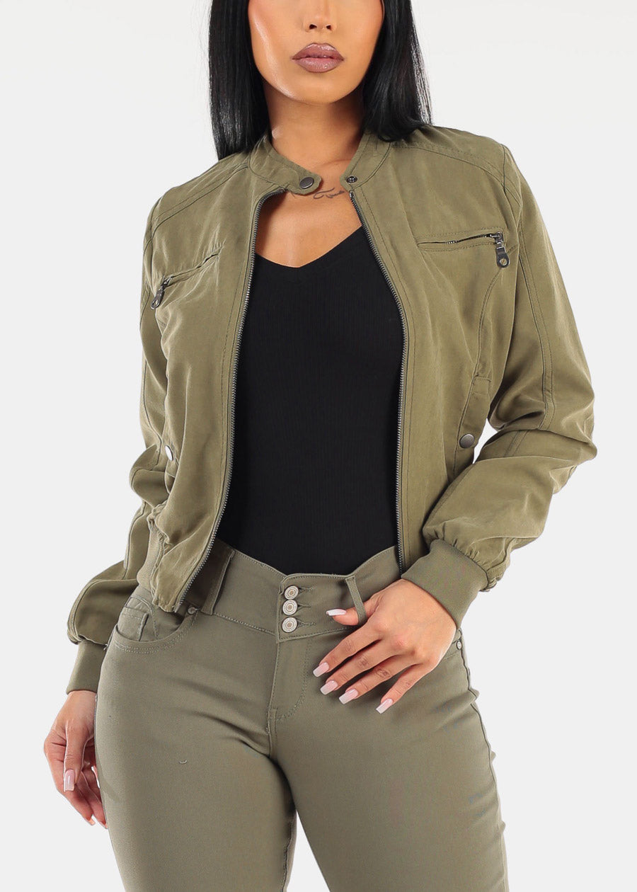 Long Sleeve Zip Up Olive Jacket w Ribbed Hem