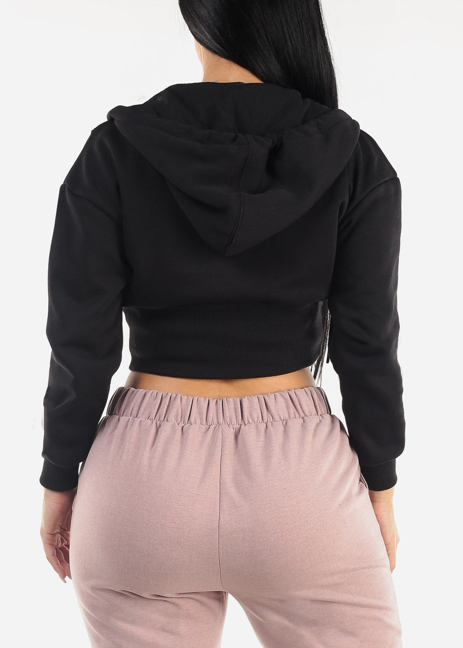 Black Fleece Zip Up Cropped Hoodie