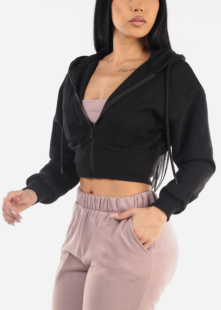 Black Fleece Zip Up Cropped Hoodie