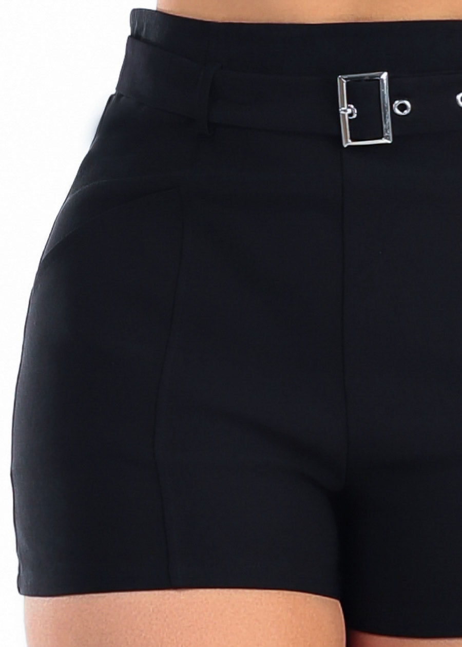 Butt Lift Belted Super High Waist Stretch Shorts Black