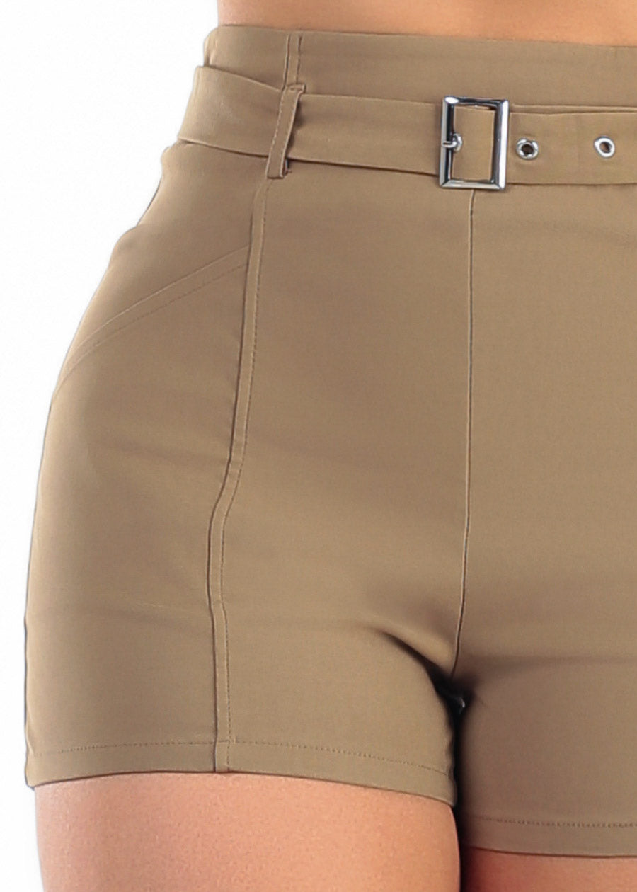 Butt Lift Belted Super High Waist Stretch Shorts Khaki