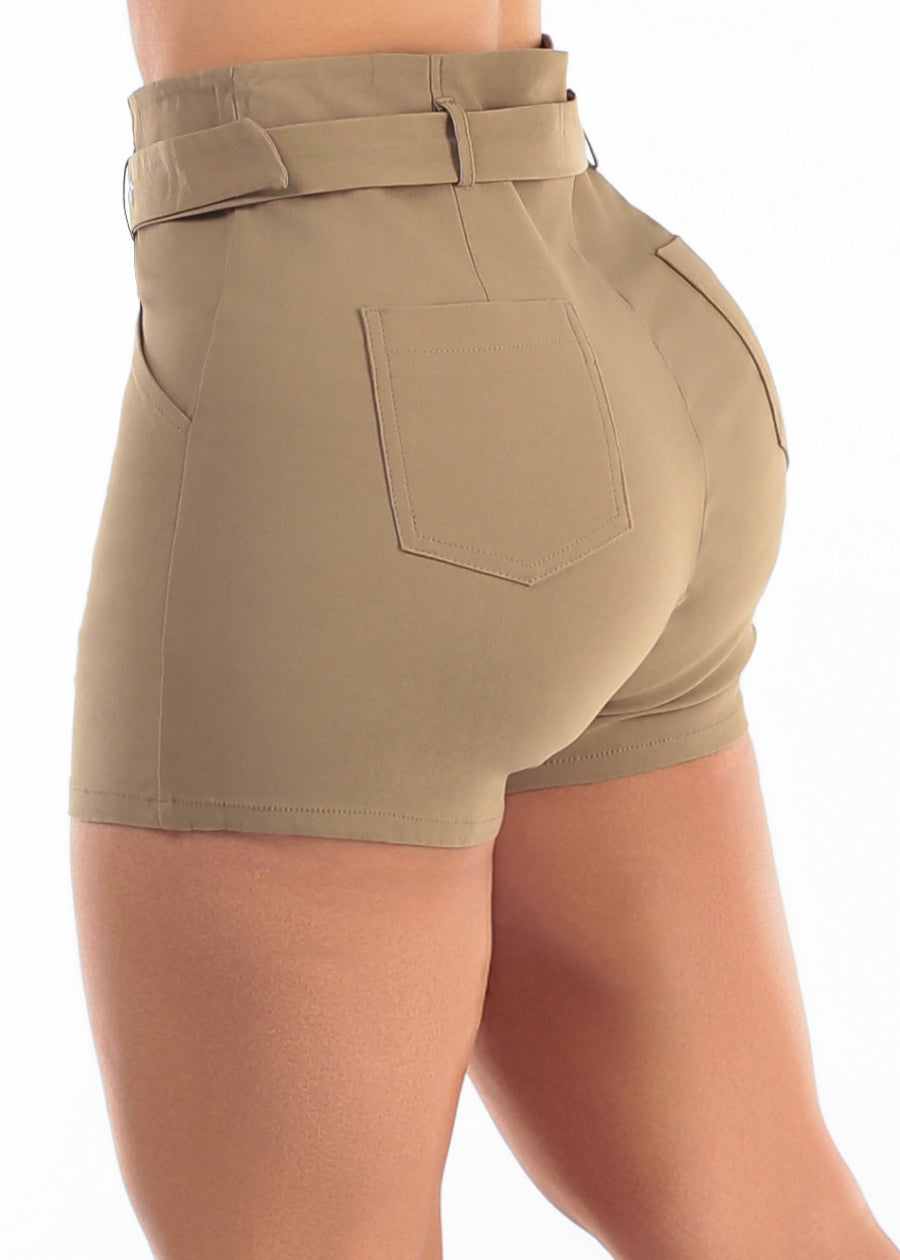 Butt Lift Belted Super High Waist Stretch Shorts Khaki
