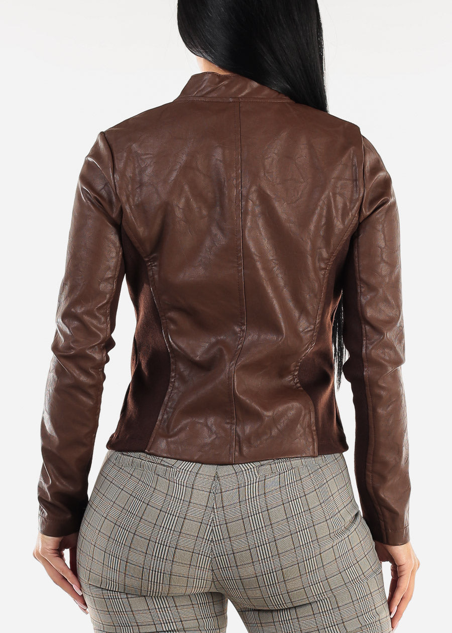 Long Sleeve Zip Up Vegan Leather Jacket Brown