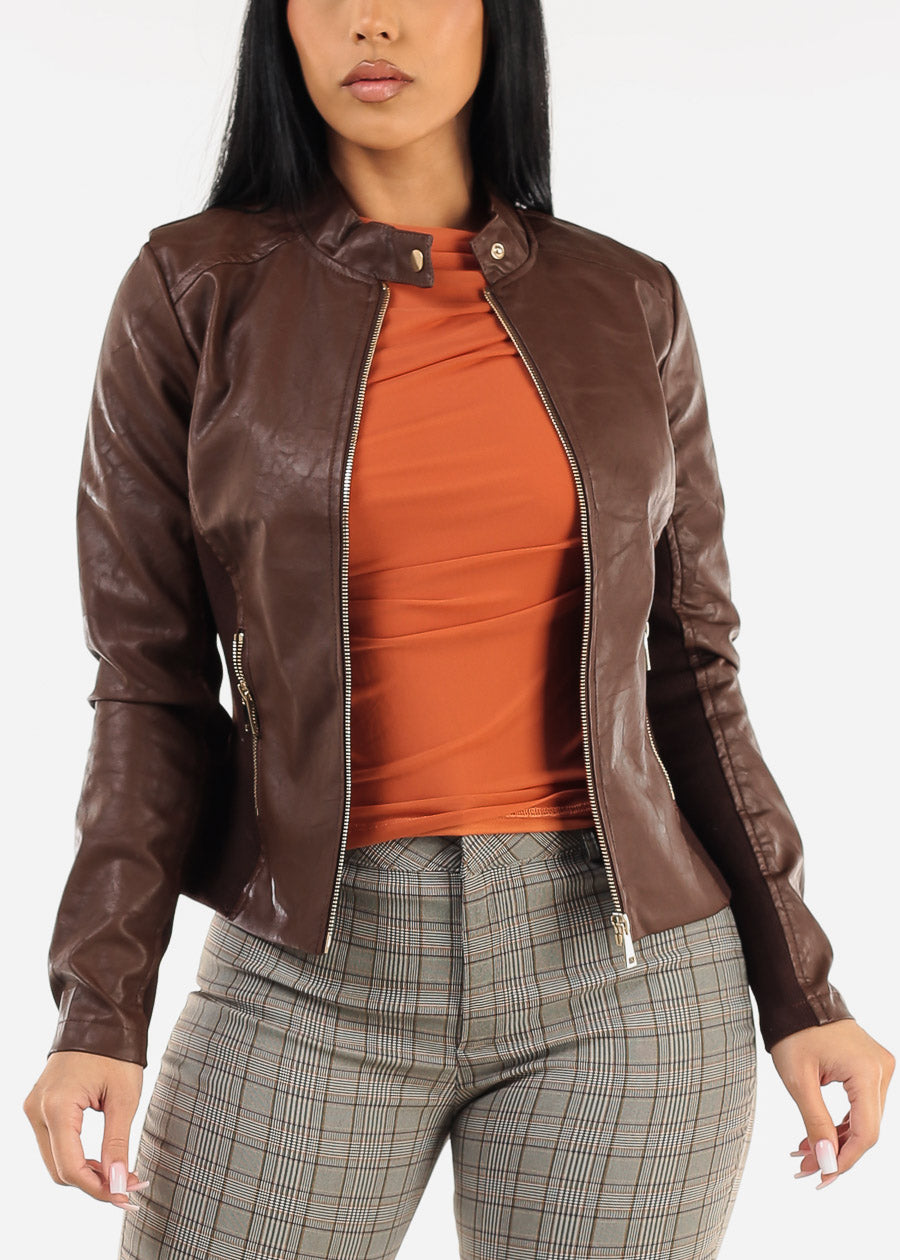 Long Sleeve Zip Up Vegan Leather Jacket Brown