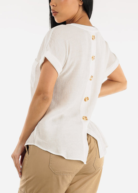 Gauze Cap Sleeve White Shirt w Back Buttons