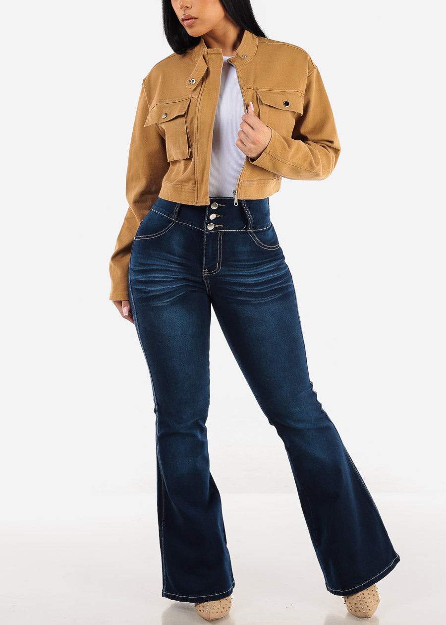 Long Sleeve Cropped Denim Jacket Khaki