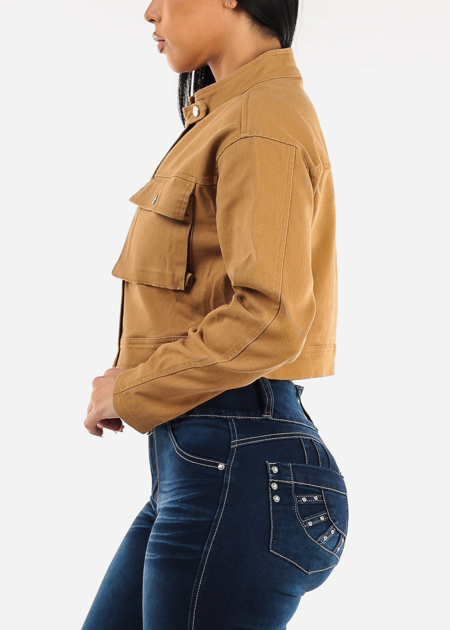 Long Sleeve Cropped Denim Jacket Khaki