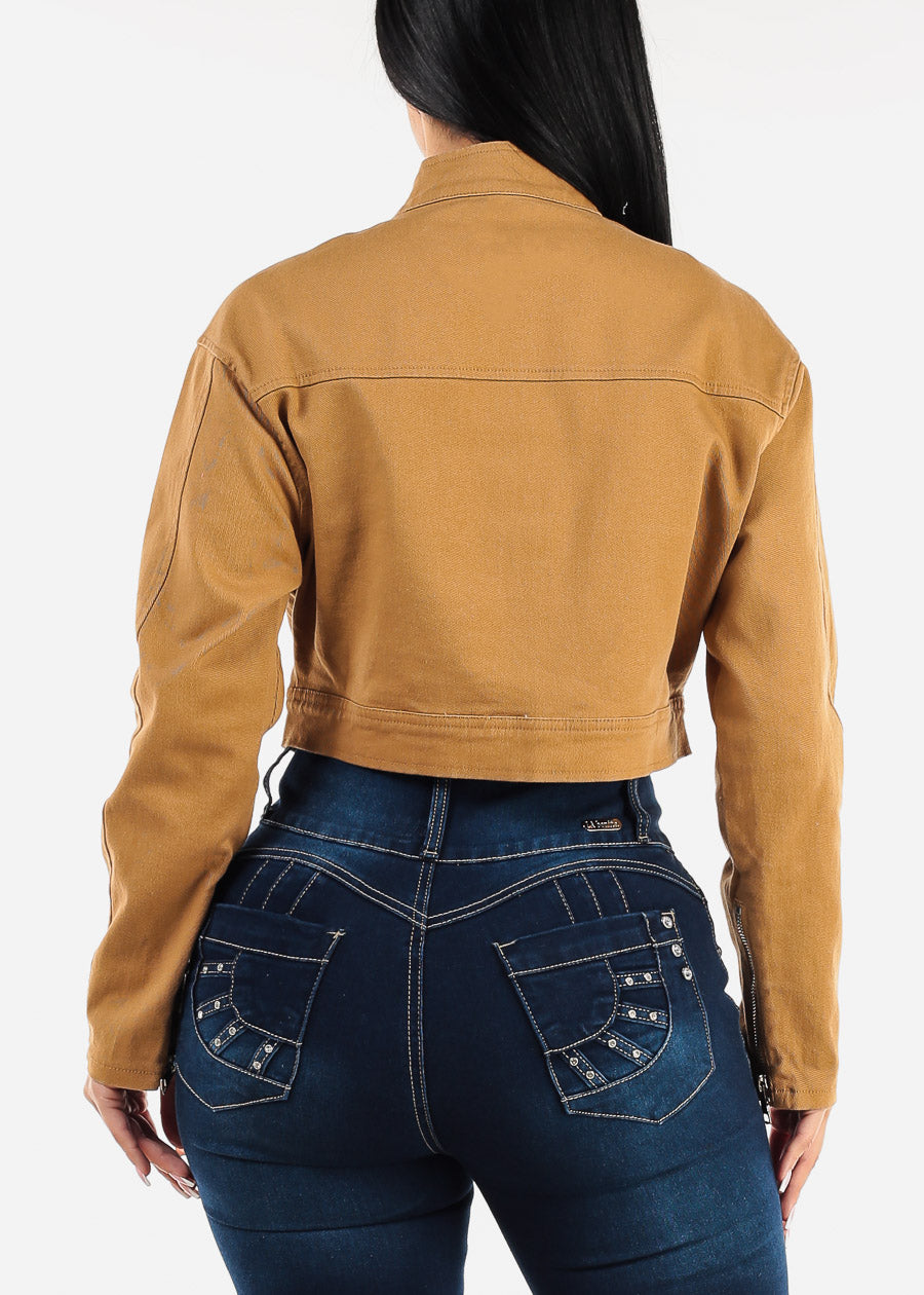 Long Sleeve Cropped Denim Jacket Khaki