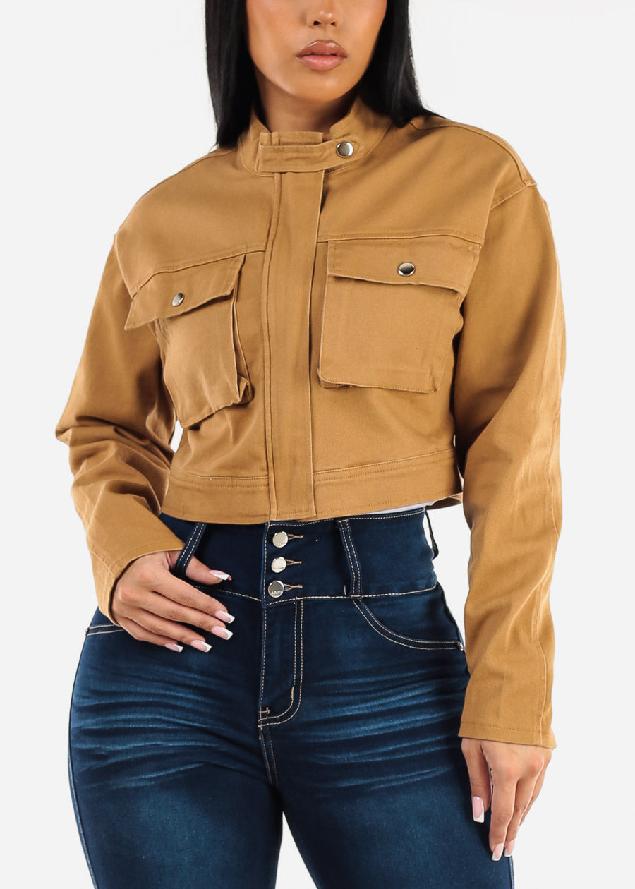 Long Sleeve Cropped Denim Jacket Khaki