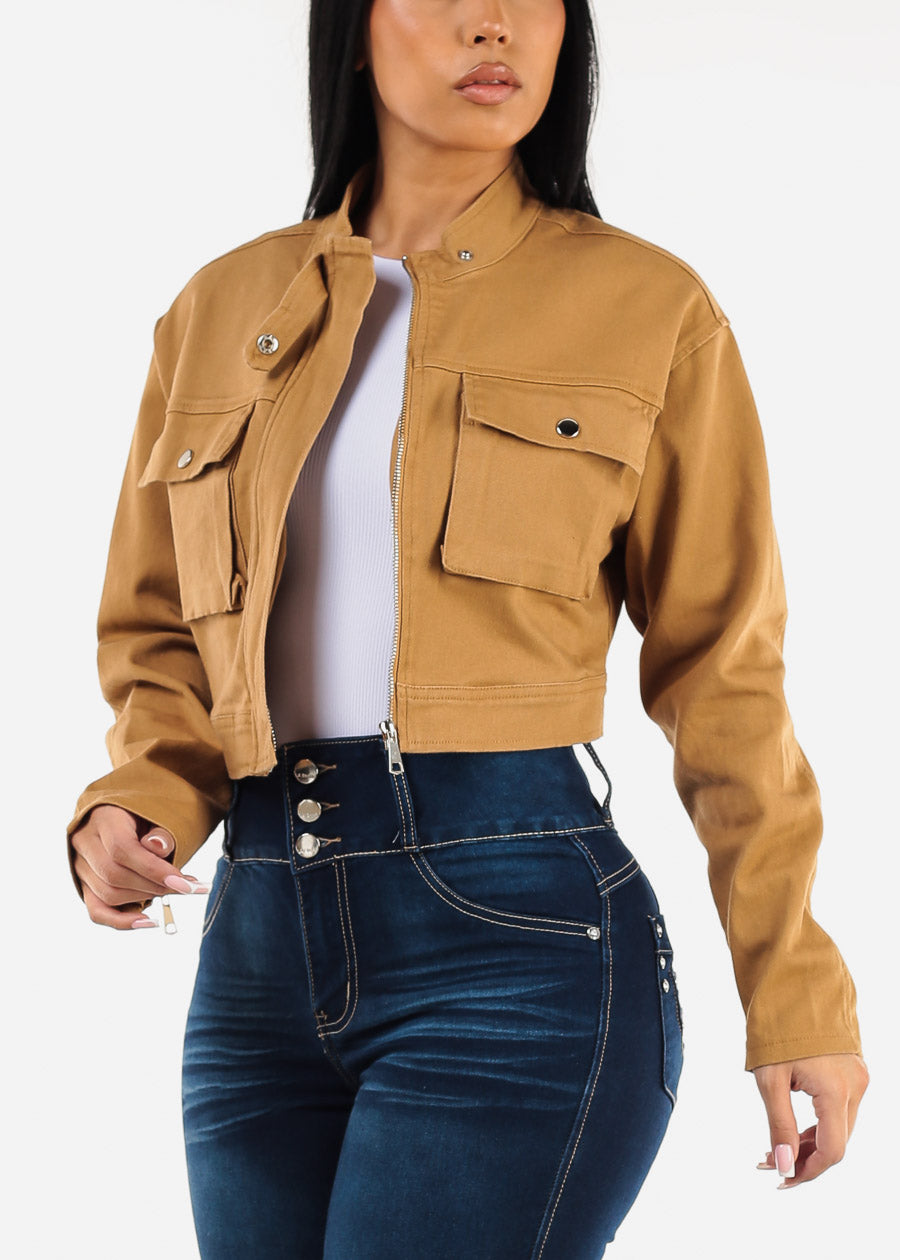 Long Sleeve Cropped Denim Jacket Khaki