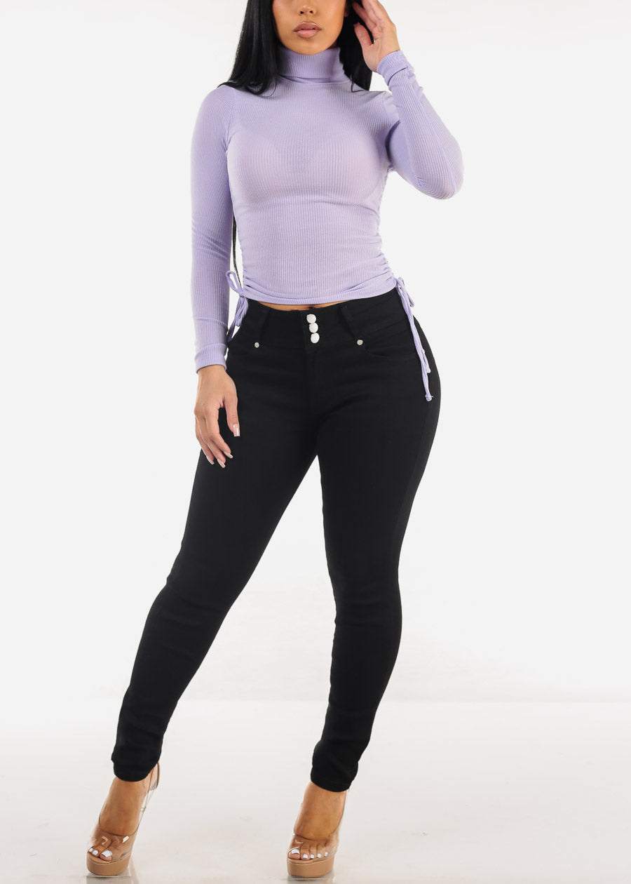 Long Sleeve Turtleneck Side Ruched Sweater Top Lilac