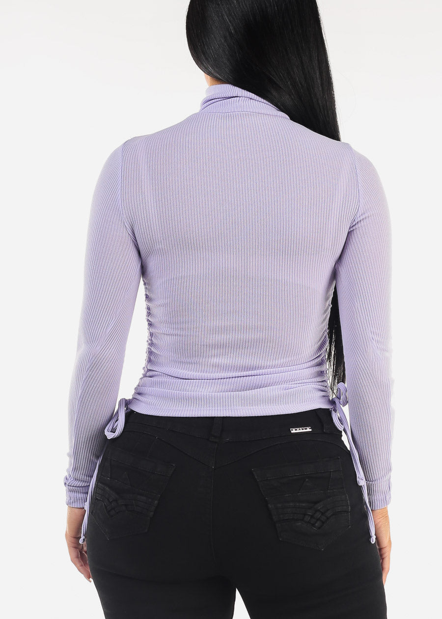 Long Sleeve Turtleneck Side Ruched Sweater Top Lilac