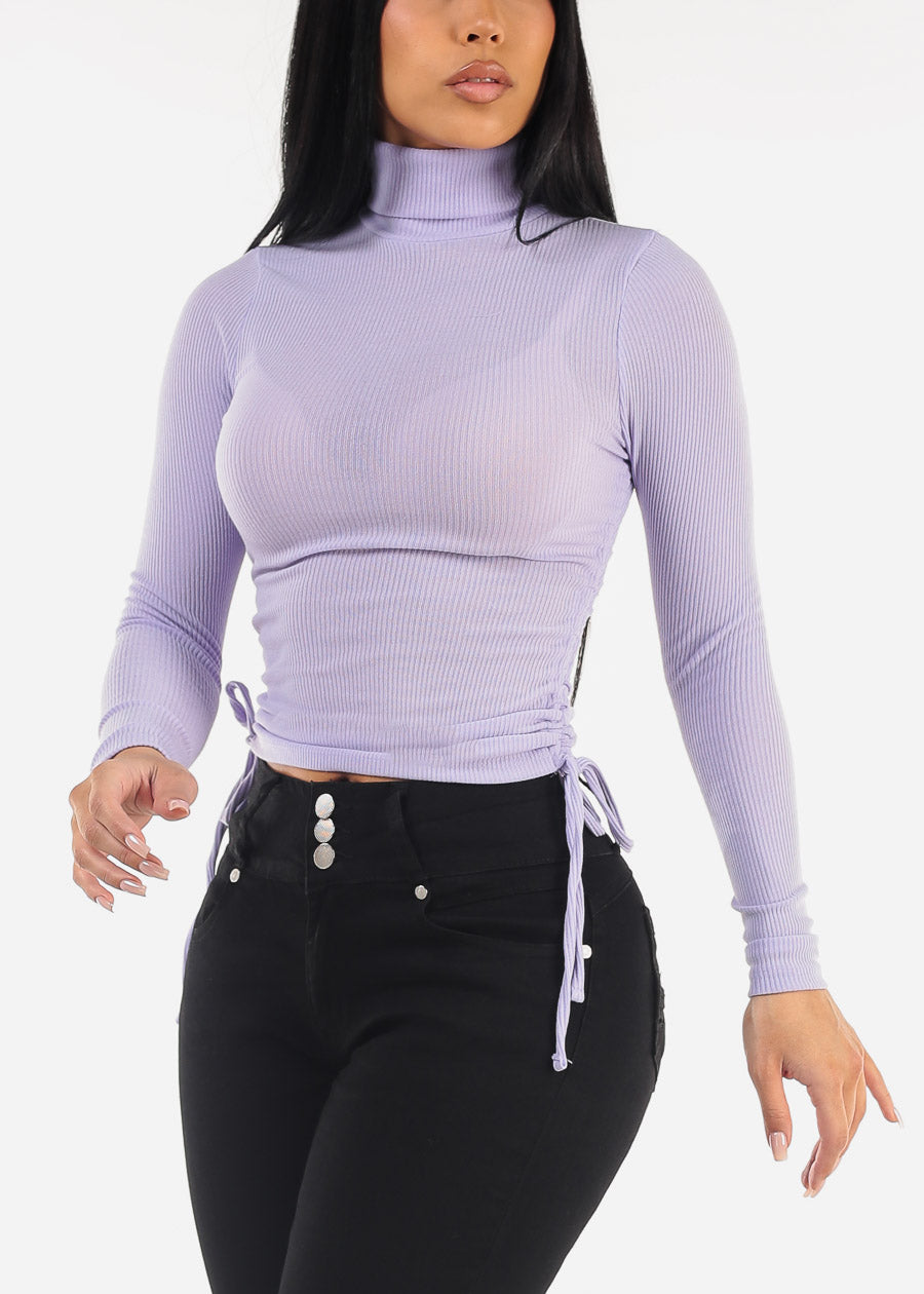 Long Sleeve Turtleneck Side Ruched Sweater Top Lilac