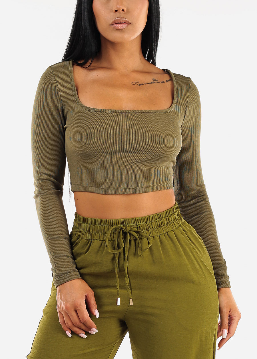 Wide Square Neck Long Sleeve Crop Top Olive