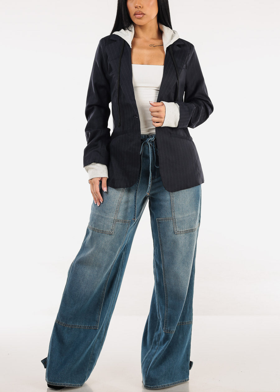 Long Sleeve Stripe Hooded Blazer Navy