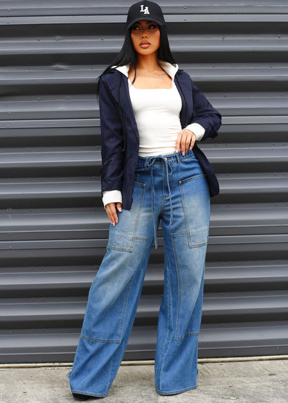 Long Sleeve Stripe Hooded Blazer Navy