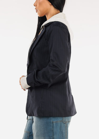 Long Sleeve Stripe Hooded Blazer Navy