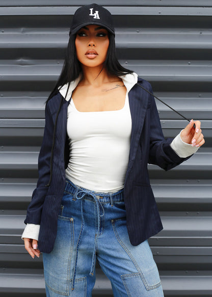 Long Sleeve Stripe Hooded Blazer Navy