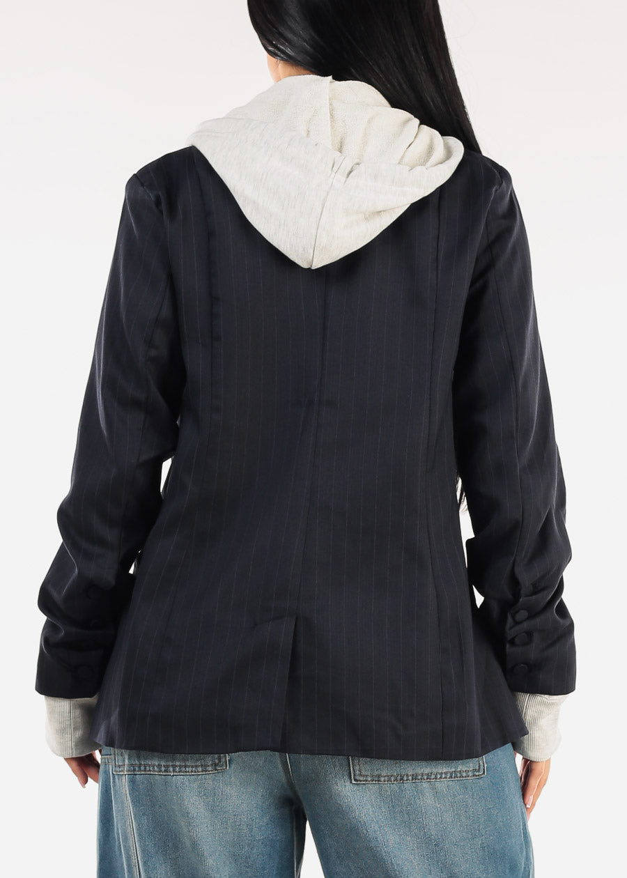 Long Sleeve Stripe Hooded Blazer Navy
