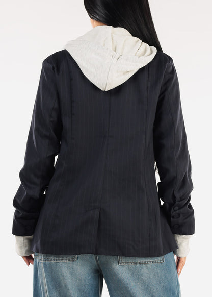 Long Sleeve Stripe Hooded Blazer Navy
