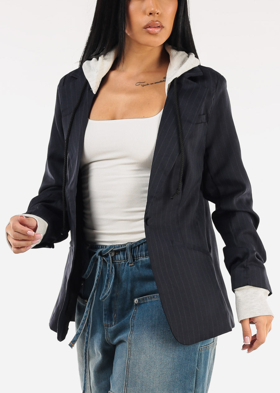 Long Sleeve Stripe Hooded Blazer Navy