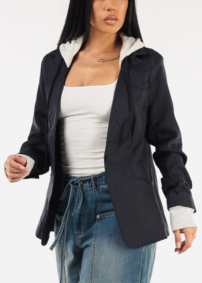 Long Sleeve Stripe Hooded Blazer Navy