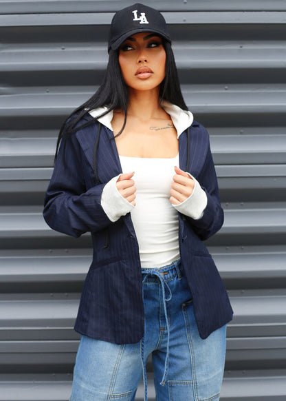 Long Sleeve Stripe Hooded Blazer Navy